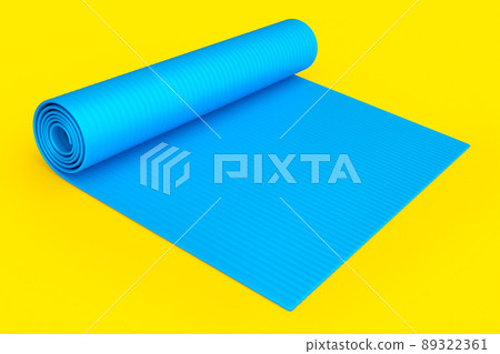 Blue yoga mat or lightweight foam camping bed roll pad isolated on yellow background. 3d rendering of sport equipment for fitness, yoga and active workout Blue yoga mat or lightweight foam camping bed roll pad isolated on yellow background. 3d rendering of sport equipment for fitness, yoga and active workout 89322361
