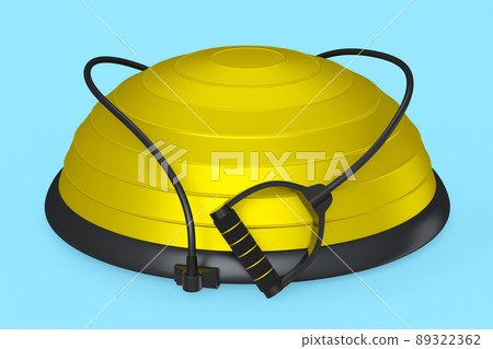 Yellow fitness ball with hand expander isolated blue background. 3d rendering of sport equipment for fitness, yoga and active workout Yellow fitness ball with hand expander isolated blue background. 3d rendering of sport equipment for fitness, yoga and active workout 89322362