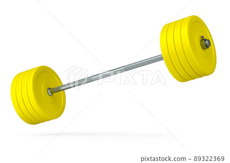 Abstract metal barbell with yellow disks isolated on white background. 3d rendering of sport equipment for fitness and powerlifting Abstract metal barbell with yellow disks isolated on white background. 3d rendering of sport equipment for fitness and powerlifting 89322369