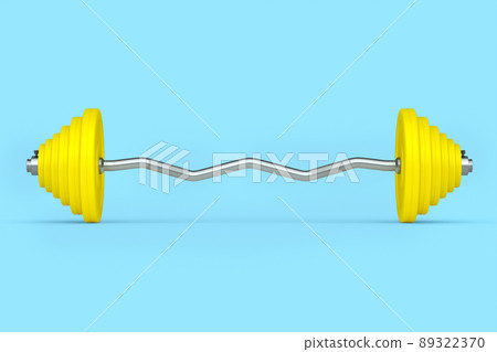 Abstract metal barbell with yellow disks shaped handle isolated on blue background. 3d rendering of sport equipment for fitness and powerlifting Abstract metal barbell with yellow disks shaped handle isolated on blue background. 3d rendering of sport equipment for fitness and powerlifting 89322370