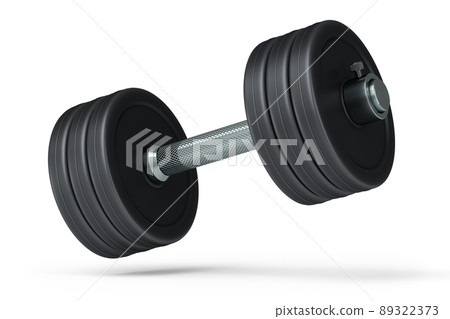Metal dumbbell with black disks isolated on white background. 3d rendering of sport equipment for fitness and powerlifting Metal dumbbell with black disks isolated on white background. 3d rendering of sport equipment for fitness and powerlifting 89322373