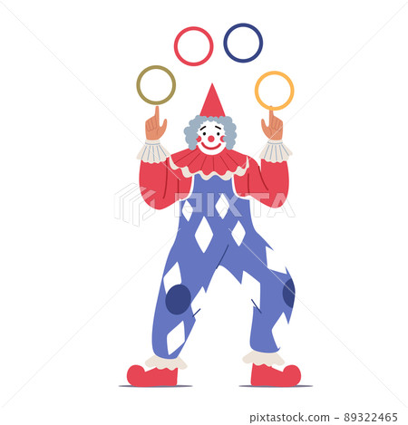 Big Top Tent Circus Clown Juggler. Isolated Artist Character Dressed in Stage Costume on Arena Throwing Rings. Funnyman Big Top Tent Circus Clown Juggler. Isolated Artist Character Dressed in Stage Costume on Arena Throwing Rings. Funnyman 89322465