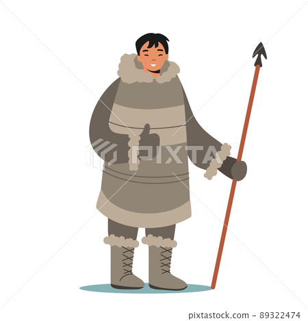 Eskimo Male Character Happy Face Hold Spear Show Thumb Up. Life in Far North, Inuit Hunter Wearing Traditional Clothes 89322474