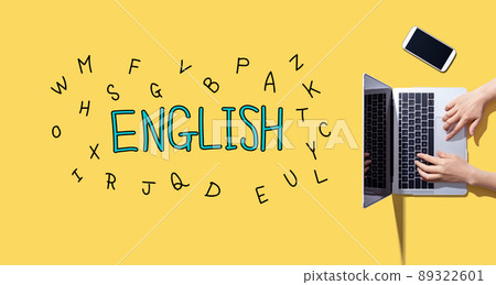 Learning English concept with person working with laptop Learning English concept with person working with laptop 89322601