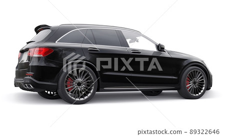 An expensive, ultra-fast sports SUV car for exciting driving in the city, on the highway and on the race track. 3D model of a black car on a white isolated background. 3d rendering. 89322646