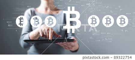 Bitcoin theme with woman using a tablet 89322754