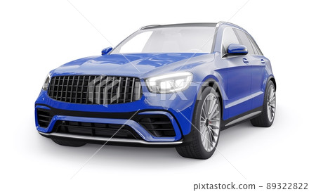 An expensive, ultra-fast sports SUV car for exciting driving in the city, on the highway and on the race track. 3D model of a blue car on a white isolated background. 3d rendering. 89322822