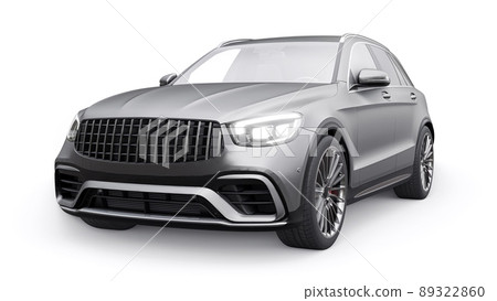 An expensive, ultra-fast sports SUV car for exciting driving in the city, on the highway and on the race track. 3D model of a gray car on a white isolated background. 3d rendering. 89322860