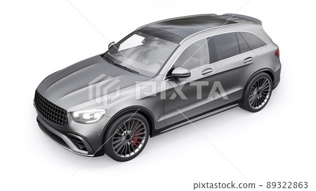 An expensive, ultra-fast sports SUV car for exciting driving in the city, on the highway and on the race track. 3D model of a gray car on a white isolated background. 3d rendering. 89322863