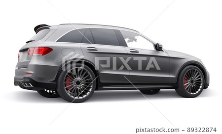 An expensive, ultra-fast sports SUV car for exciting driving in the city, on the highway and on the race track. 3D model of a gray car on a white isolated background. 3d rendering. 89322874
