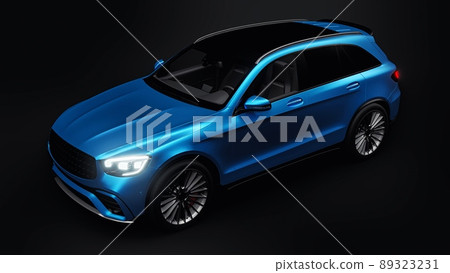 An expensive, ultra-fast sports SUV car for exciting driving in the city, on the highway and on the race track. 3D model of a blue car on a black isolated background. 3d rendering. 89323231