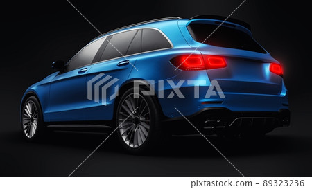 An expensive, ultra-fast sports SUV car for exciting driving in the city, on the highway and on the race track. 3D model of a blue car on a black isolated background. 3d rendering. An expensive, ultra-fast sports SUV car for exciting driving in the city, on the highway and on the race track. 3D model of a blue car on a black isolated background. 3d rendering. 89323236