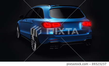 An expensive, ultra-fast sports SUV car for exciting driving in the city, on the highway and on the race track. 3D model of a blue car on a black isolated background. 3d rendering. An expensive, ultra-fast sports SUV car for exciting driving in the city, on the highway and on the race track. 3D model of a blue car on a black isolated background. 3d rendering. 89323237