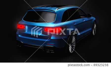 An expensive, ultra-fast sports SUV car for exciting driving in the city, on the highway and on the race track. 3D model of a blue car on a black isolated background. 3d rendering. 89323238