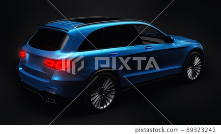 An expensive, ultra-fast sports SUV car for exciting driving in the city, on the highway and on the race track. 3D model of a blue car on a black isolated background. 3d rendering. An expensive, ultra-fast sports SUV car for exciting driving in the city, on the highway and on the race track. 3D model of a blue car on a black isolated background. 3d rendering. 89323241
