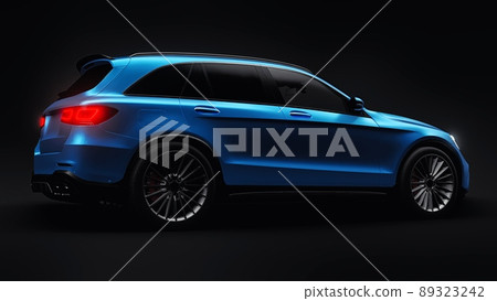 An expensive, ultra-fast sports SUV car for exciting driving in the city, on the highway and on the race track. 3D model of a blue car on a black isolated background. 3d rendering. An expensive, ultra-fast sports SUV car for exciting driving in the city, on the highway and on the race track. 3D model of a blue car on a black isolated background. 3d rendering. 89323242