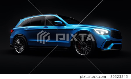 An expensive, ultra-fast sports SUV car for exciting driving in the city, on the highway and on the race track. 3D model of a blue car on a black isolated background. 3d rendering. An expensive, ultra-fast sports SUV car for exciting driving in the city, on the highway and on the race track. 3D model of a blue car on a black isolated background. 3d rendering. 89323243