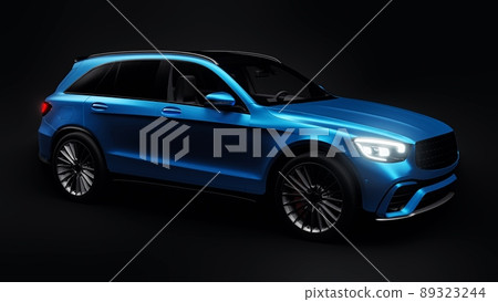 An expensive, ultra-fast sports SUV car for exciting driving in the city, on the highway and on the race track. 3D model of a blue car on a black isolated background. 3d rendering. An expensive, ultra-fast sports SUV car for exciting driving in the city, on the highway and on the race track. 3D model of a blue car on a black isolated background. 3d rendering. 89323244