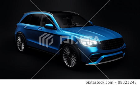 An expensive, ultra-fast sports SUV car for exciting driving in the city, on the highway and on the race track. 3D model of a blue car on a black isolated background. 3d rendering. 89323245