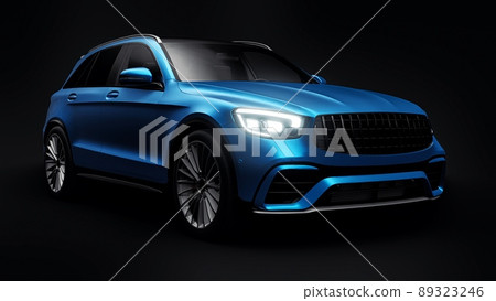 An expensive, ultra-fast sports SUV car for exciting driving in the city, on the highway and on the race track. 3D model of a blue car on a black isolated background. 3d rendering. 89323246