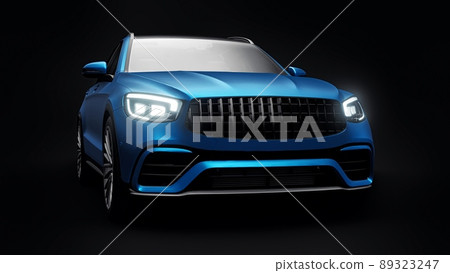 An expensive, ultra-fast sports SUV car for exciting driving in the city, on the highway and on the race track. 3D model of a blue car on a black isolated background. 3d rendering. An expensive, ultra-fast sports SUV car for exciting driving in the city, on the highway and on the race track. 3D model of a blue car on a black isolated background. 3d rendering. 89323247