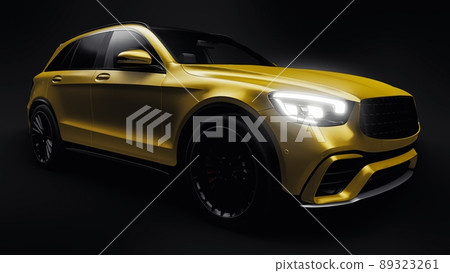 An expensive, ultra-fast sports SUV car for exciting driving in the city, on the highway and on the race track. 3D model of a gold car on a black isolated background. 3d rendering. An expensive, ultra-fast sports SUV car for exciting driving in the city, on the highway and on the race track. 3D model of a gold car on a black isolated background. 3d rendering. 89323261