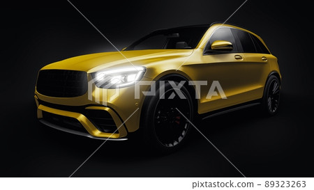 An expensive, ultra-fast sports SUV car for exciting driving in the city, on the highway and on the race track. 3D model of a gold car on a black isolated background. 3d rendering. An expensive, ultra-fast sports SUV car for exciting driving in the city, on the highway and on the race track. 3D model of a gold car on a black isolated background. 3d rendering. 89323263