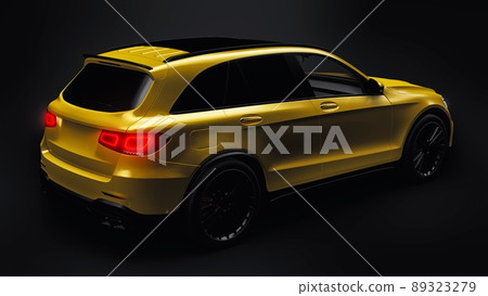 An expensive, ultra-fast sports SUV car for exciting driving in the city, on the highway and on the race track. 3D model of a gold car on a black isolated background. 3d rendering. 89323279