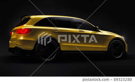 An expensive, ultra-fast sports SUV car for exciting driving in the city, on the highway and on the race track. 3D model of a gold car on a black isolated background. 3d rendering. An expensive, ultra-fast sports SUV car for exciting driving in the city, on the highway and on the race track. 3D model of a gold car on a black isolated background. 3d rendering. 89323280
