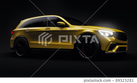An expensive, ultra-fast sports SUV car for exciting driving in the city, on the highway and on the race track. 3D model of a gold car on a black isolated background. 3d rendering. An expensive, ultra-fast sports SUV car for exciting driving in the city, on the highway and on the race track. 3D model of a gold car on a black isolated background. 3d rendering. 89323281