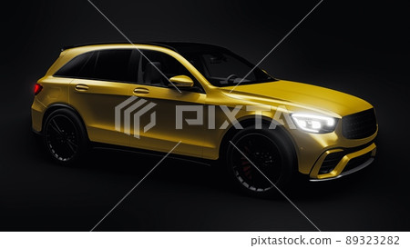 An expensive, ultra-fast sports SUV car for exciting driving in the city, on the highway and on the race track. 3D model of a gold car on a black isolated background. 3d rendering. An expensive, ultra-fast sports SUV car for exciting driving in the city, on the highway and on the race track. 3D model of a gold car on a black isolated background. 3d rendering. 89323282