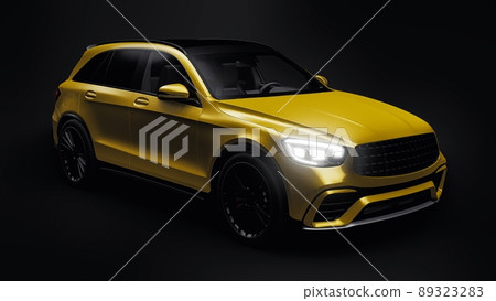 An expensive, ultra-fast sports SUV car for exciting driving in the city, on the highway and on the race track. 3D model of a gold car on a black isolated background. 3d rendering. An expensive, ultra-fast sports SUV car for exciting driving in the city, on the highway and on the race track. 3D model of a gold car on a black isolated background. 3d rendering. 89323283