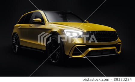 An expensive, ultra-fast sports SUV car for exciting driving in the city, on the highway and on the race track. 3D model of a gold car on a black isolated background. 3d rendering. An expensive, ultra-fast sports SUV car for exciting driving in the city, on the highway and on the race track. 3D model of a gold car on a black isolated background. 3d rendering. 89323284