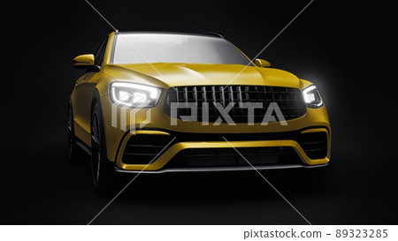 An expensive, ultra-fast sports SUV car for exciting driving in the city, on the highway and on the race track. 3D model of a gold car on a black isolated background. 3d rendering. 89323285