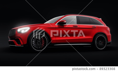 An expensive, ultra-fast sports SUV car for exciting driving in the city, on the highway and on the race track. 3D model of a red car on a black isolated background. 3d rendering. An expensive, ultra-fast sports SUV car for exciting driving in the city, on the highway and on the race track. 3D model of a red car on a black isolated background. 3d rendering. 89323308