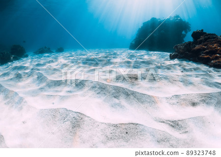 Tropical blue ocean with white sand and corals underwater Tropical blue ocean with white sand and corals underwater 89323748