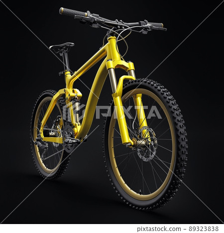 yellow mountain bike on an isolated black background. 3d rendering. 89323838