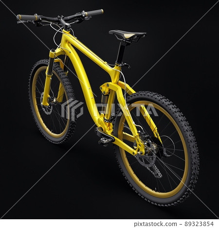 yellow mountain bike on an isolated black background. 3d rendering. 89323854
