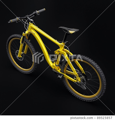 yellow mountain bike on an isolated black background. 3d rendering. 89323857