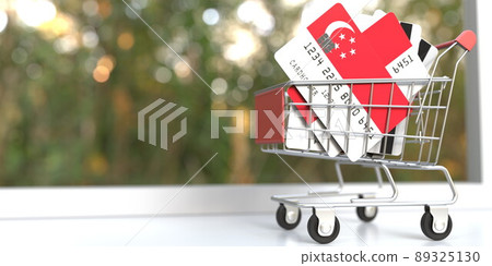 Credit card mockups with flags of Singapore in a small shopping cart. 3D rendering 89325130