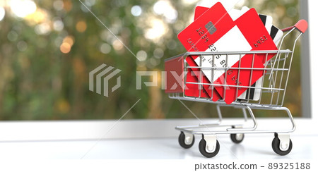 Credit card mockups with flags of Peru in a small shopping cart. 3D rendering Credit card mockups with flags of Peru in a small shopping cart. 3D rendering 89325188