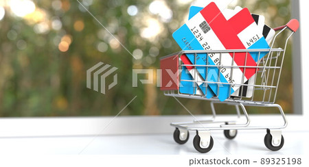 Credit card mockups with flags of Luxembourg in a small shopping cart. 3D rendering Credit card mockups with flags of Luxembourg in a small shopping cart. 3D rendering 89325198