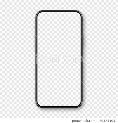 Realistic smartphone with blank touch screen on checkered background. Frameless mobile phone in front view. High quality detailed device mockup. Vector illustration. Realistic smartphone with blank touch screen on checkered background. Frameless mobile phone in front view. High quality detailed device mockup. Vector illustration. 89325403
