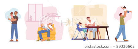 Set Single Father Engaged in Raising Child. Dad Feed Son, Playing with Toddler, Tired Dad Sleep. Happy Family Sparetime 89326602