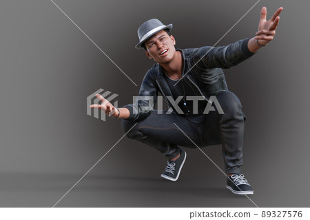 A black man in a hat singing a hip-hop rhythm song crouches down and winks with his arms outstretched 89327576
