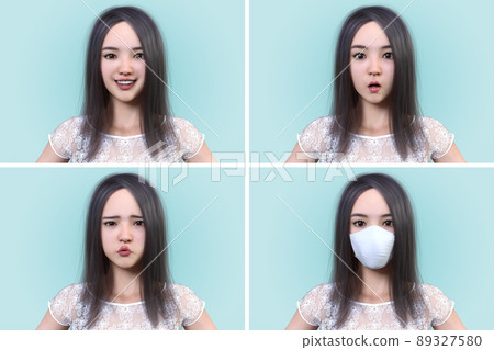 Various facial expressions of the girl (smile, interest, confusion, mask) 89327580