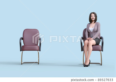 藍色背景中有兩把椅子,一側坐著一名女員工。 藍色背景中有兩把椅子,一側坐著一名女員工。 89327633