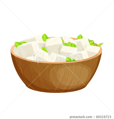 Feta cheese pieces in wooden bowl with lettuce in cartoon style detailed ingredient isolated on white background. Greek curd white cheese made from sheeps milk or milk bean. Feta cheese pieces in wooden bowl with lettuce in cartoon style detailed ingredient isolated on white background. Greek curd white cheese made from sheeps milk or milk bean. 89328723