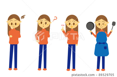 Female full-body facial expression set, living alone, living, troubled face, ending face, pointing pose, cooking pose Female full-body facial expression set, living alone, living, troubled face, ending face, pointing pose, cooking pose 89329705