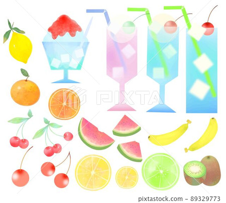 Shaved ice, cream soda and summer fruit items-pastel color retro cute white background illustration set 89329773